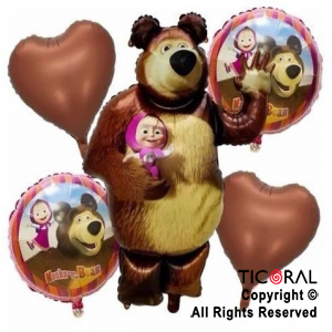 SET DE GLOBOS METALIZADO MASHA Y EL OSO 5 UNIDADES X 1